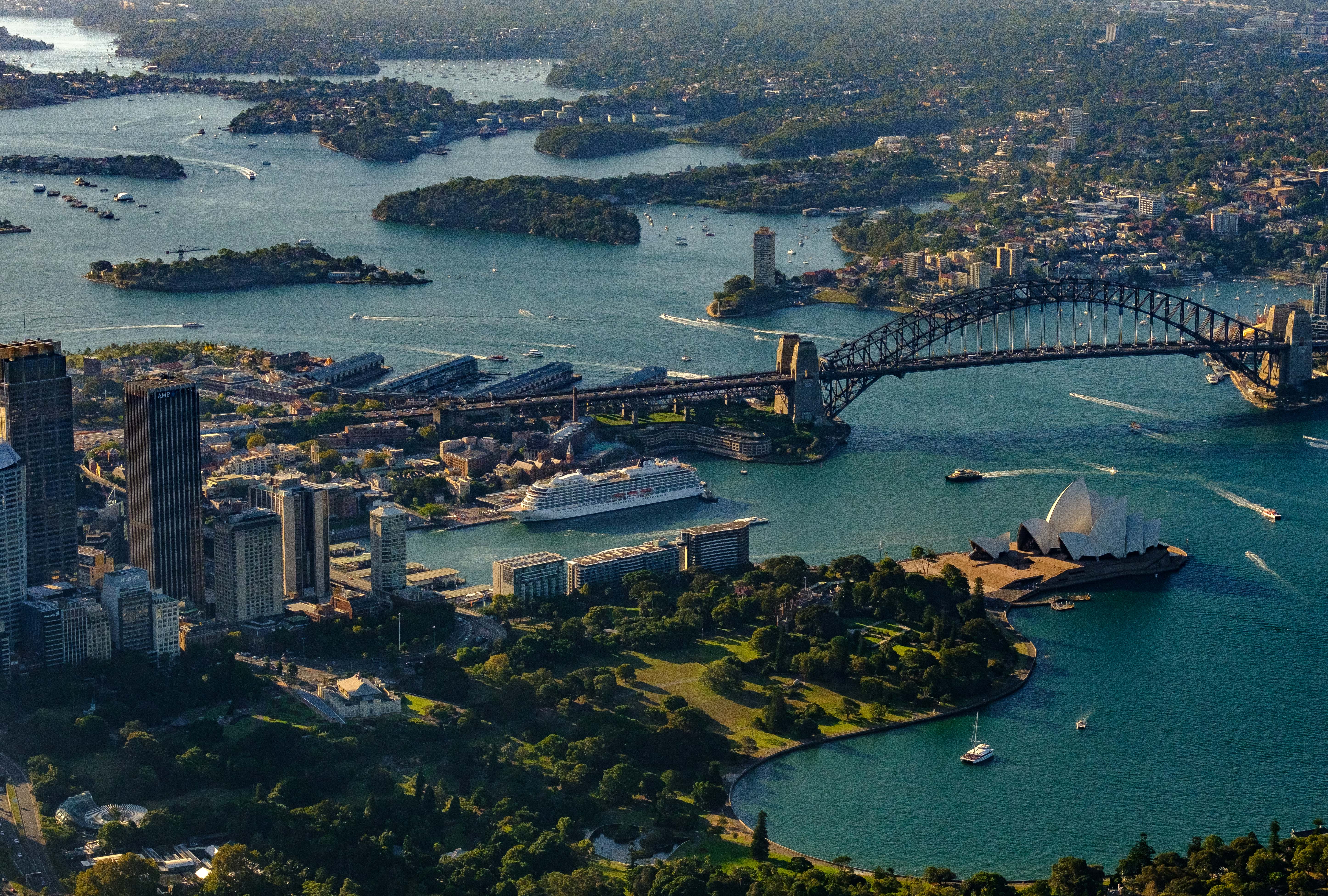 Aerial view of Sydney, Australia. You can see the Bridge, the opera house, the harbour and the CBD